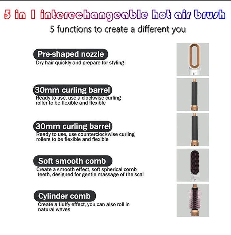 Professional Air Hair Styler 5 In 1 Low Noise Hair Curling Straightening Hair Drying 1000W Hot Air Brushes